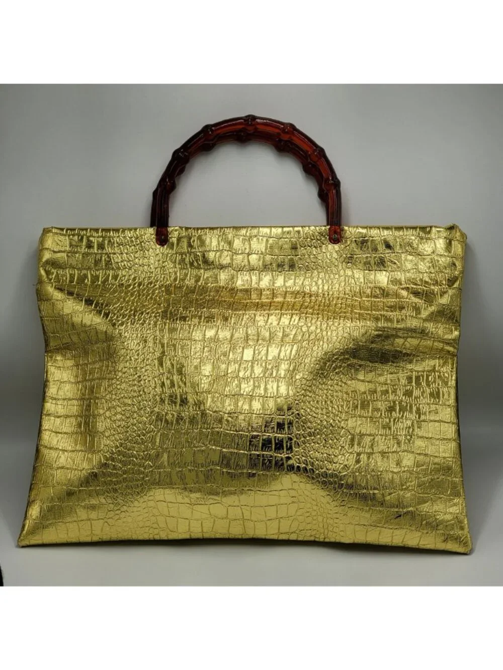 Vintage 80s 90s Mob Wife Gold Crocodile Handbag/Tote with Lucite Handles